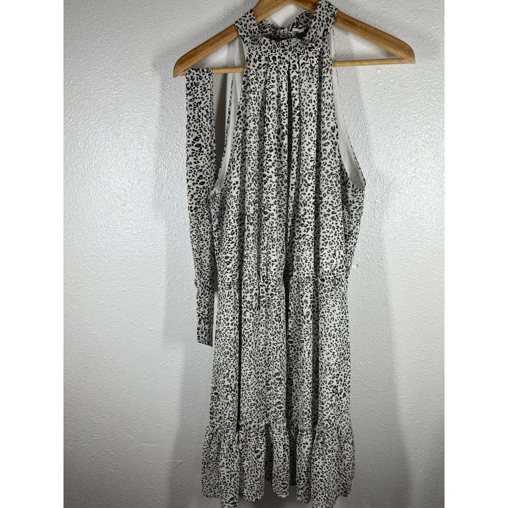 BTFBM Dress Womens L White Leopard Print Halter Neck‎ Ruffle Hem Casual Mini